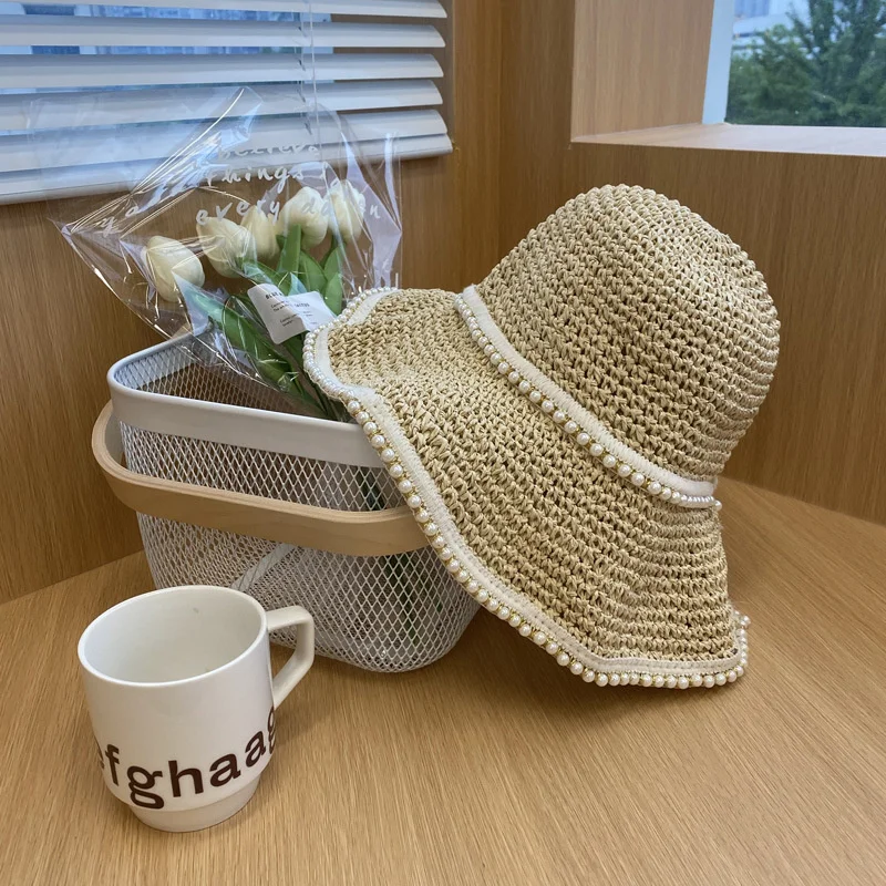 

New Style Hat Women's Woven Pearl Straw Hat Summer Thin Sunshade Sunscreen Holiday Seaside Beach Fisherman Sun Hat