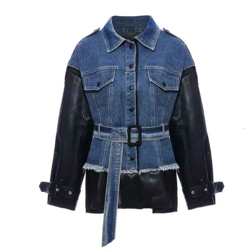 

TVVOVVIN Women Leather Coat Denim Spliced Irregular Faux Leather Jackets Women Long Sleeve Lace Up Women Motorcycle Coat DG144