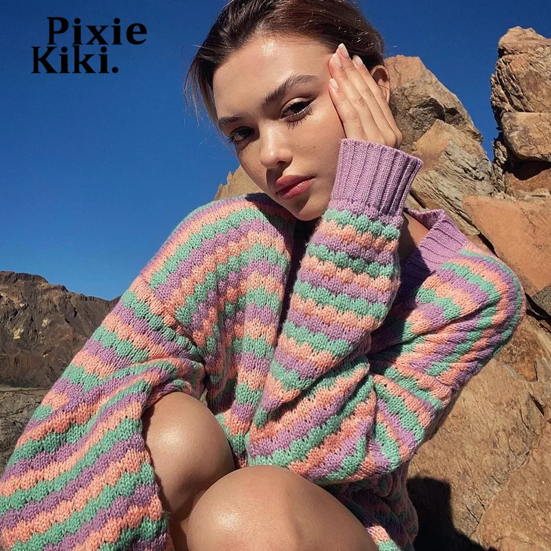 

PixieKiki Rainbow Stripe V Neck Knitted Sweater Cardigan Vintage Aesthetic Y2k Clothes Fall Winter Outwear Women Jacket P17-FD37