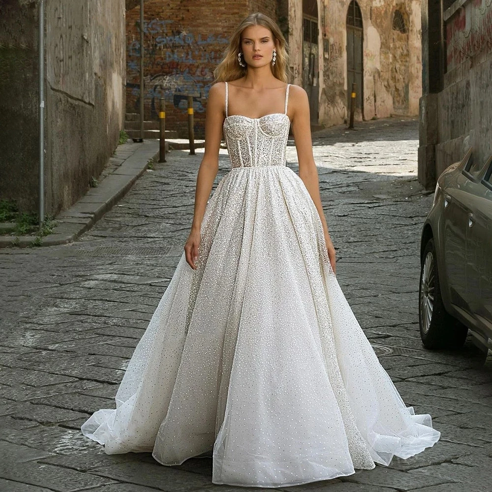 

Vestido De Novia 2021 Boho Shiny Beach Wedding Dress Spaghetti Straps A-Line Silver Glitter Lace Long Bride Gowns Robe De Mariee
