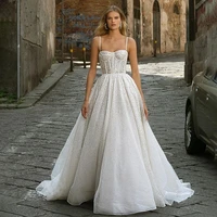 vestido de novia 2021 boho shiny beach wedding dress spaghetti straps a line silver glitter lace long bride gowns robe de mariee