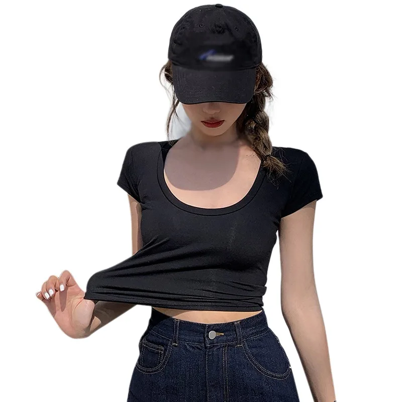 

Женская Летняя короткая футболка с коротким рукавом и U-образным вырезом