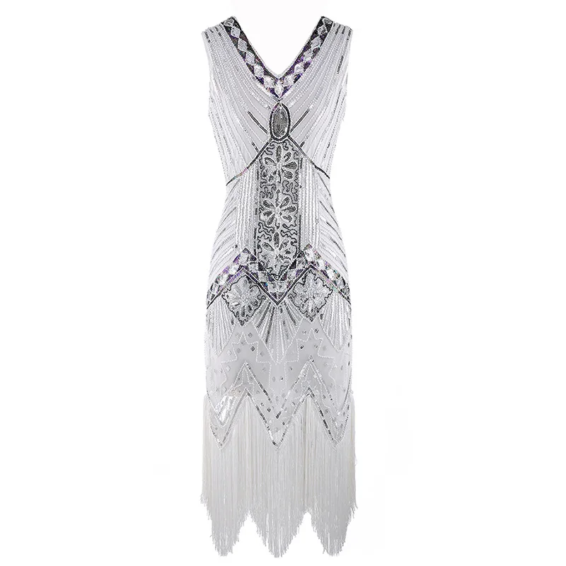 White dress 1920s Flapper платье Great Gatsby вечерние платья с блестками и бахромой - Цвет: White dress