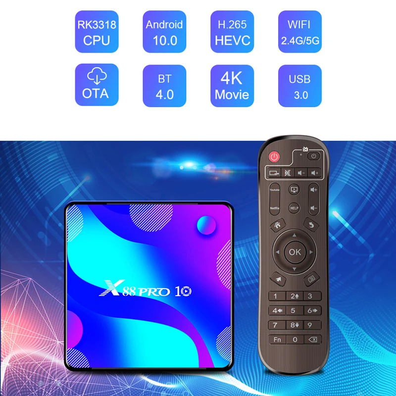 

TV BOX Android 10.0 X88 Pro 10 RK3318 Quad-Core 4K 1080P Media Player X88Pro 10 Smart TV Box 2.4G/5G Dual Band Wifi Set Top Box