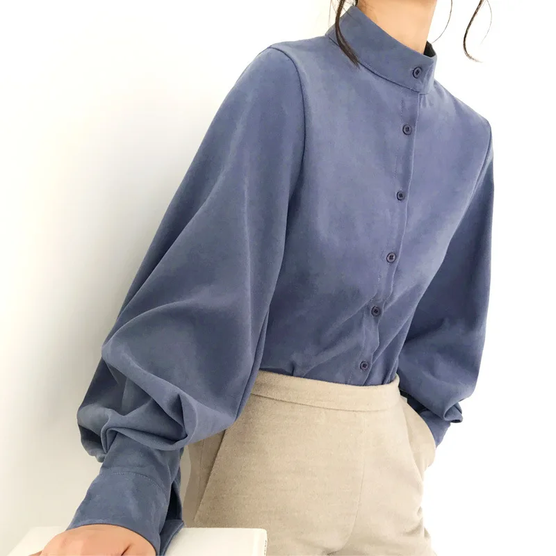 

Zoulv Spring Lantern Sleeve Blouse Women Autumn Winter Single Breasted Stand Collar Tops Office Work Blouse Solid Vintage Shirts