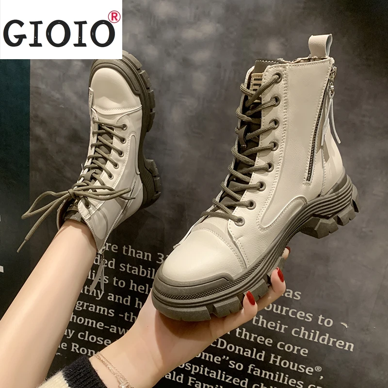 

Женские ботинки на толстой подошве, ботильоны на шнуровке и молнии, мотоциклетная обувь, 2021