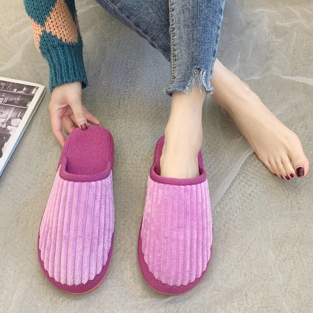 Модные пары полосатый тапок женские зимние теплые Нескользящие домашние тапочки