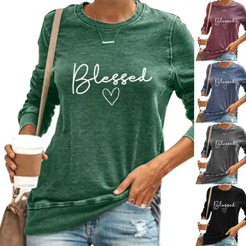 

Women Loose Long Sleeve Shirt Tunic Tops Ladies Casual Pullover Letter Blouse