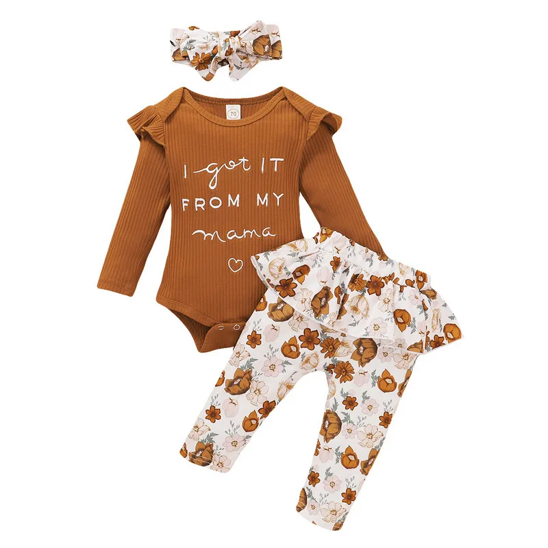 

Spring Autumn Kids Girl Trousers Suit Flower Printed O-Neck Long Sleeve Casual Bodysuit Flouncing Pants Headband 3 Pieces