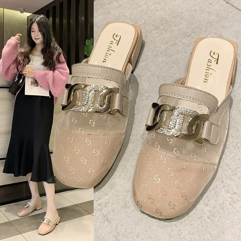 

Slippers Women Genuine Leather 2021 New Summer Flat Women Fashion Loafers Horsebit Casual Baotou Half-Drag Ladies Shoes
