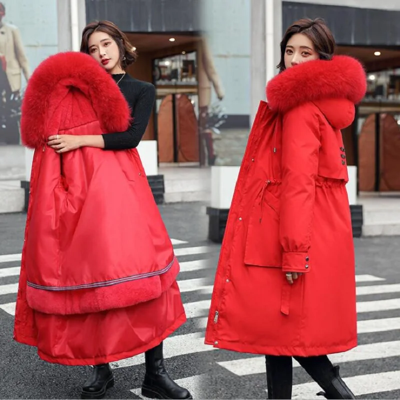 

Fur Collar Long Hooded Parka 2021 New Winter Jacket Women Big Pocket Adjustable Waist Cotton Liner Coat Three Ways To Wear
