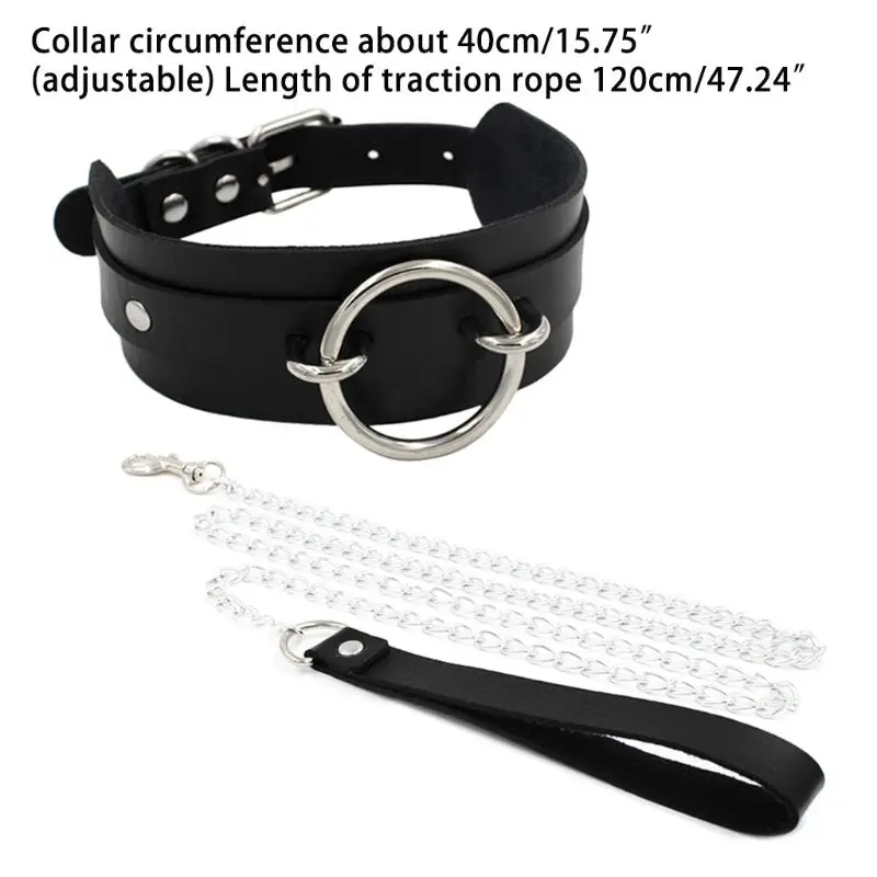 

Women Punk Faux Leather Choker Necklace O-Ring Bondage Collar with Chain Leash Q6PB