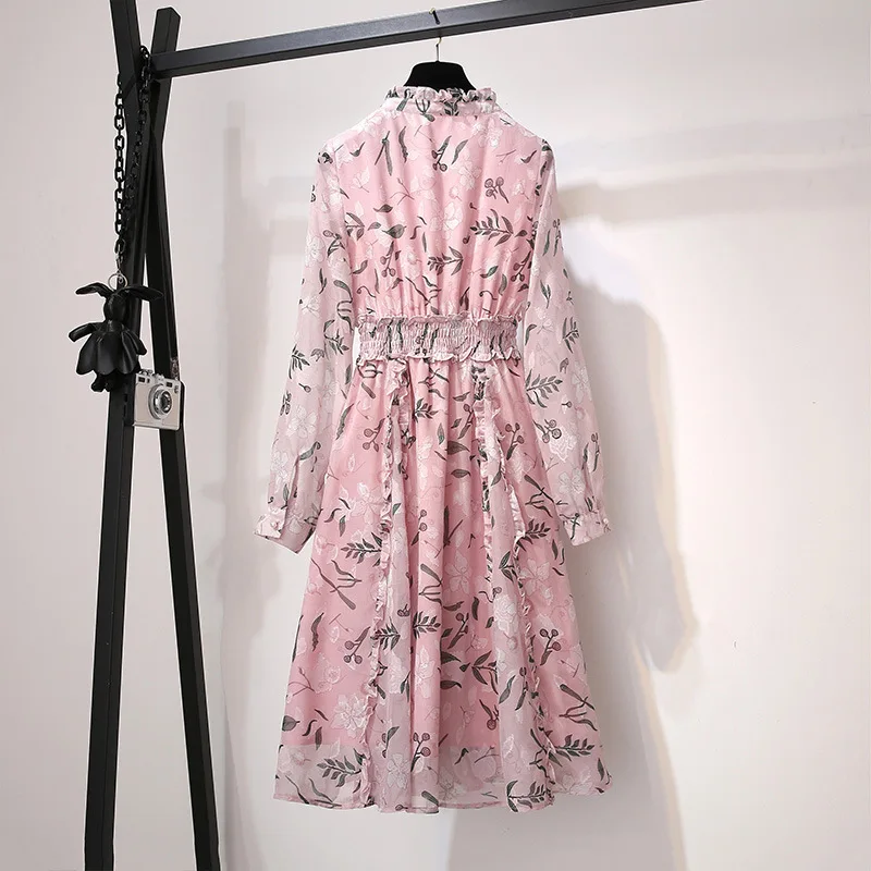 Весеннее платье с длинным рукавом женское шифоновое цветочным рисунком