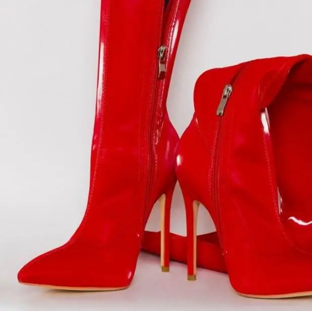 

Женские сапоги выше колена, красные сапоги из лакированной кожи, с острым носком, на шпильке, обтягивающие высокие сапоги, 2019, зимние модельн...
