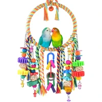 h051 bird chew toy colorful wooden beads blocks parrot cage biting plastic toys cotton rope ring perch with hanging hook