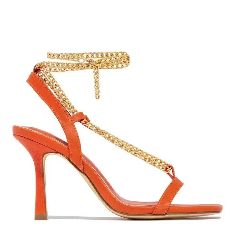 

Chain Decoration PVC Sexy Open Toe Ladies Sandals Fashion High Heels Woman Pumps Metal Ankle Buckle Heel Women Pumps Party Shoes