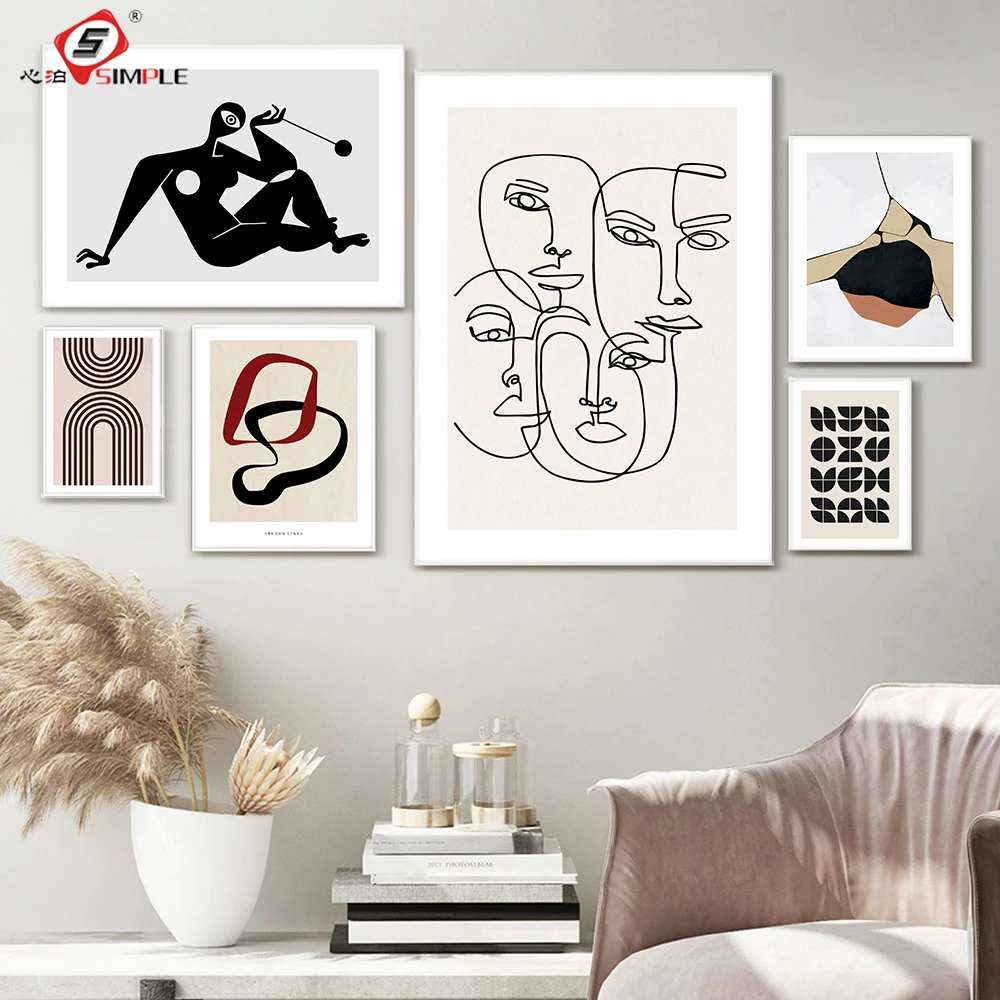 

Nordic Abstraction Face Graphic Posters Canvas Painting Wall Art Suspicious Minds Red Line Picture For Living Room Home Decor