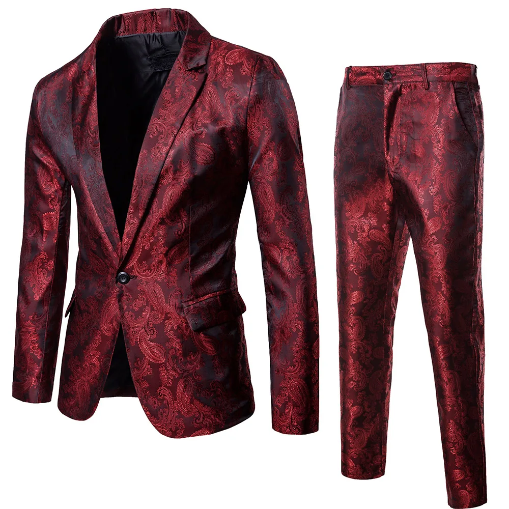 Burgundy Sets 2 шт. Мужской Блейзер костюм Slim Fit смокинг+ Брюки Формальные вечерние свадебные жених Новинка - Цвет: Burgundy Sets