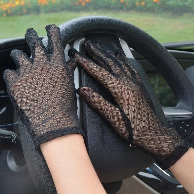 

New Lady Sunscreen Gloves Black Full Finger Lace Mesh UV Protection Anti Slip Summer Lightweight Sexy Bicycle Ridding Gloves