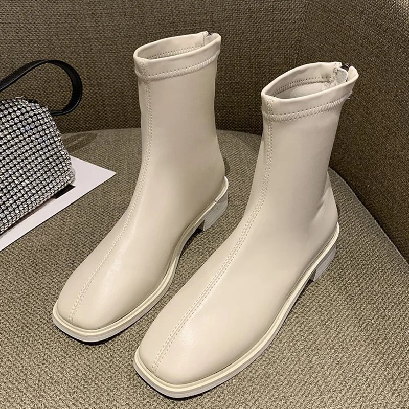 2020 зимние модные женские сапоги до бедра на плоской подошве бежевые колена