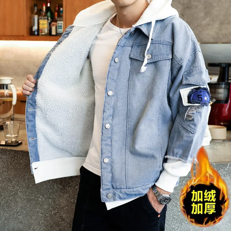 Новая мужская куртка и пальто модная теплая флисовая джинсовая зимняя верхняя