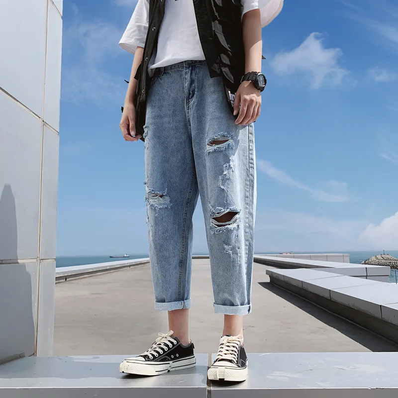 

Spring New Student Men Ankle-Length Pants Slim Ripped Men's Jeans Fashion Casual Male Pencil Pants