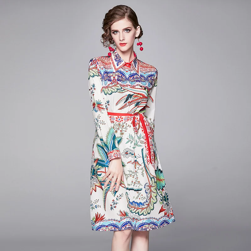 

Women Dress New Fashion Retro Spring Summer Elegant Slim Bodycon Vintage Party Runway Print Shirt Office Work Midi Dresses