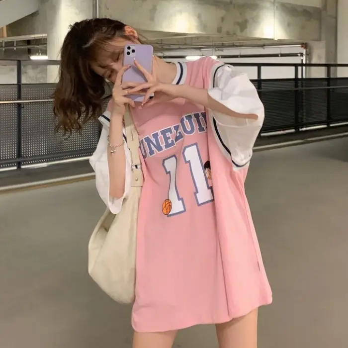 

Fake two-piece basketball t-shirt female 2021 New Jersey short sleeve Student Korean loose medium long half sleeve