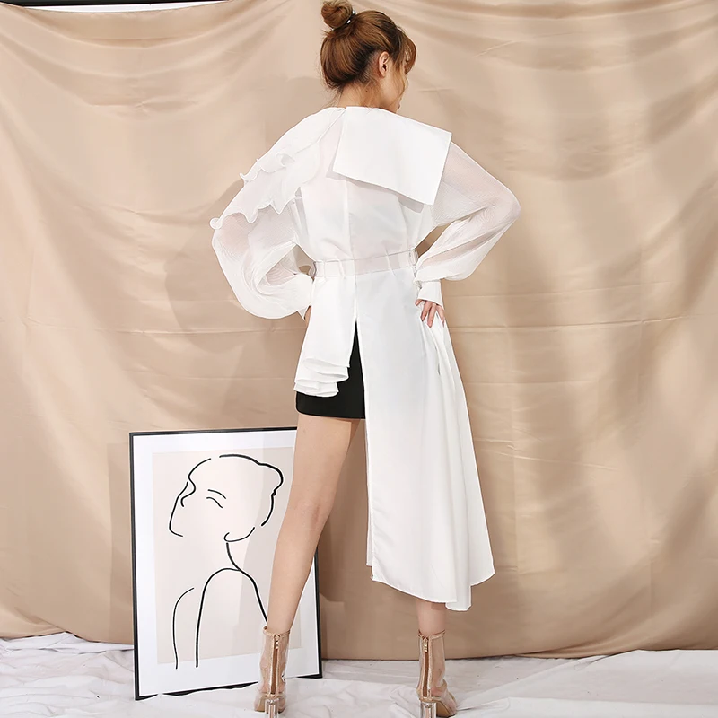 

[EAM] Women Green Pleated Irregular Big Size Long Blouse New Lapel Long Sleeve Loose Shirt Fashion Spring Autumn 2021 1DA21801