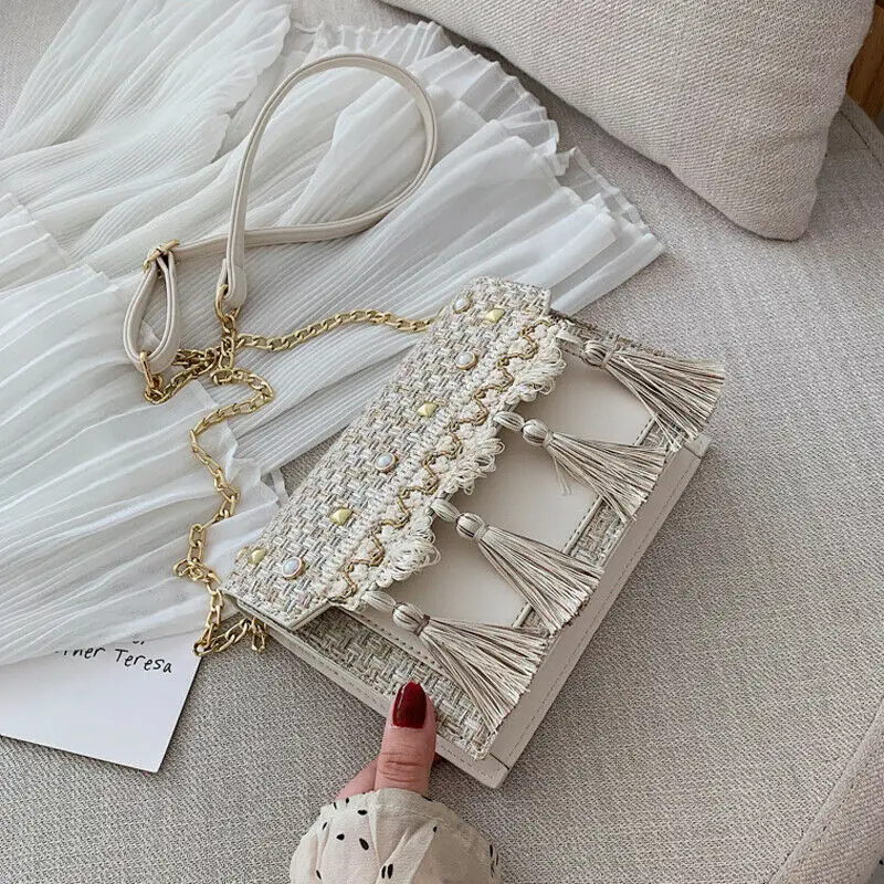 Женская Плетеная соломенная сумка с кисточкой и жемчужным декором сумочка из