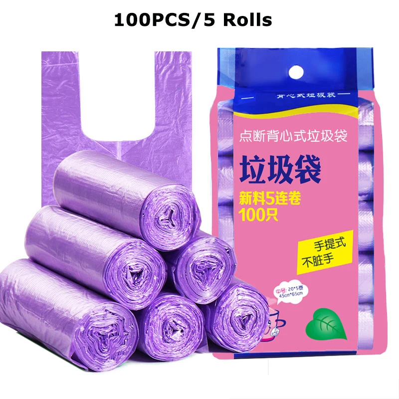 

100PCS/5 Rolls Black Purple Green Blue Thicken Garbage Bags Vest Style Storage Bag For Kitchen Home Bath Waste Trash Bag 45x63cm