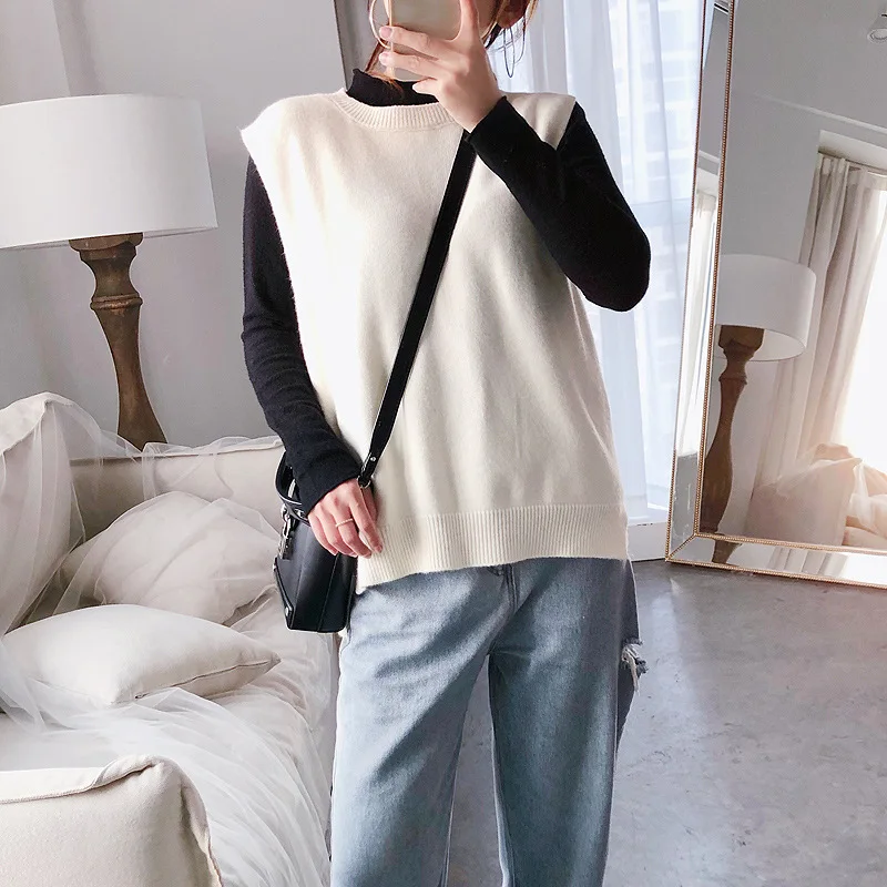 Без рукавов и свободный свитер с плечевым жилетом жилетка вязаный шерстяной