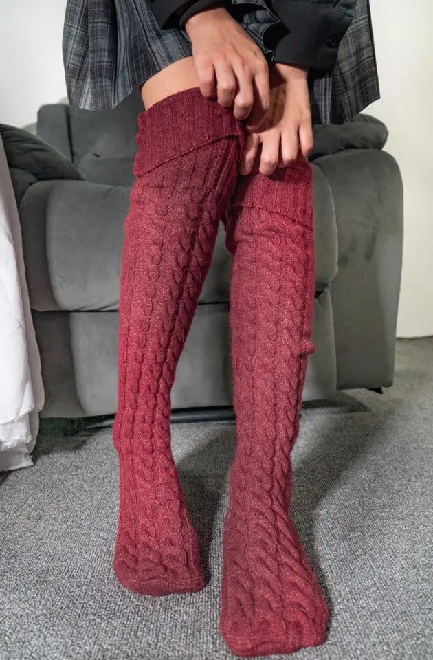 Женские осенне-зимние чулки выше колена вязаные носки до бедра однотонные теплые