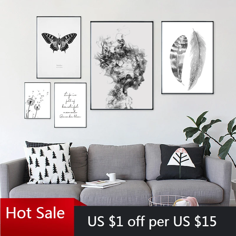 Nordic плакат холст картина черно белая перьев бабочки настенный художественный