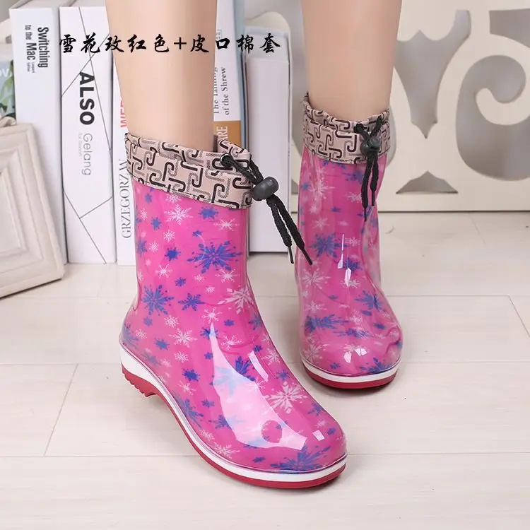 Женские резиновые сапоги средней длины модные теплые из хлопка для дождливой
