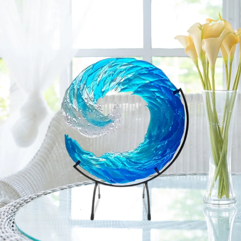 

Креативная Плавленая стеклянная акриловая скульптура океанских волн градиентное синее волнистое украшение художественное ремесло для сп...