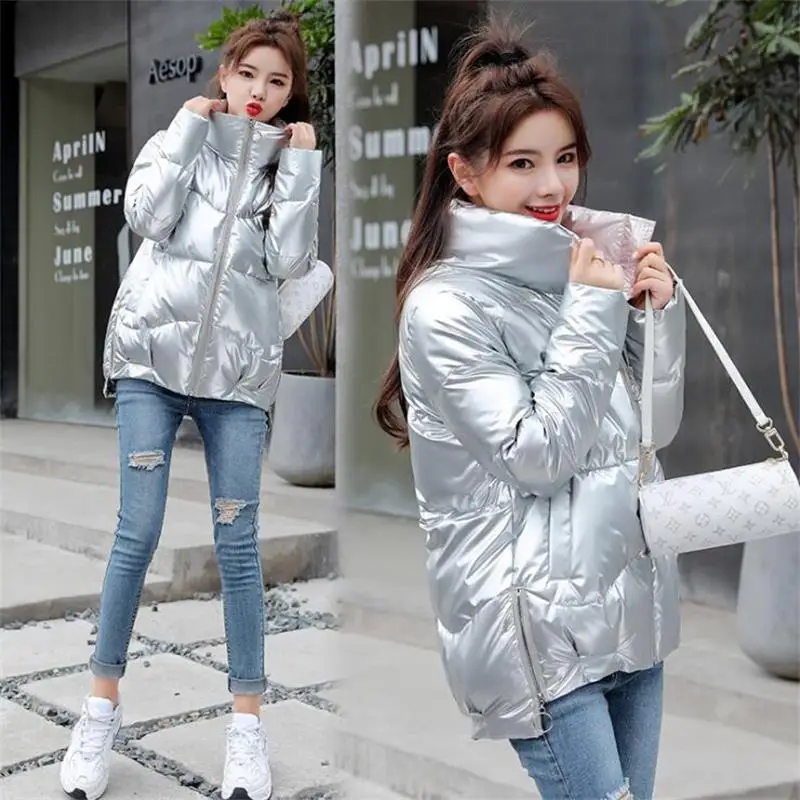 

2020 Autumn Women's Winter Coats Fashion Silver Stand Collar Parkas Winter Jacket Women Pockets Padded Cotton Coat