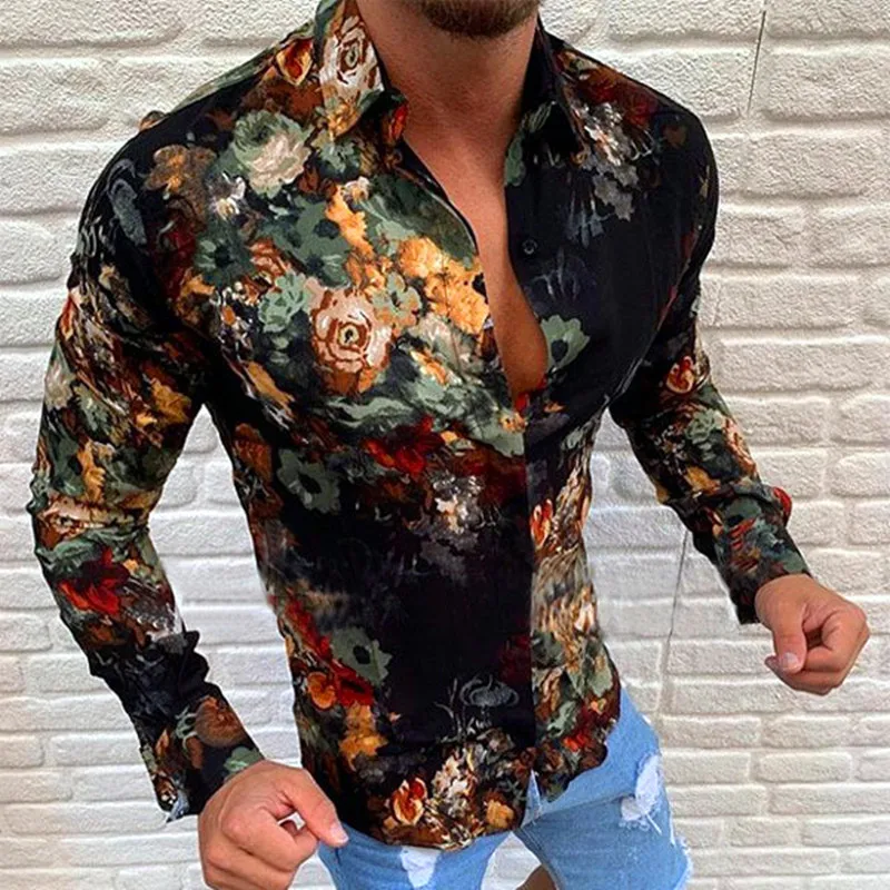 New Style Men's Casual Long Sleeve Shirts Fashion Flower 3D Printed Turn-Down Collar Slim Fit Gothic Party Single-Breasted Shirt