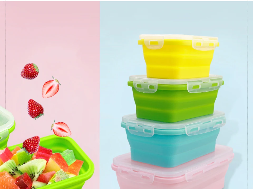 Силиконовый складной Ланч-бокс, контейнер для хранения еды, Bento BPA Free, Microwavable, портативный, для пикника, кемпинга, прямоугольная, открытая коробка