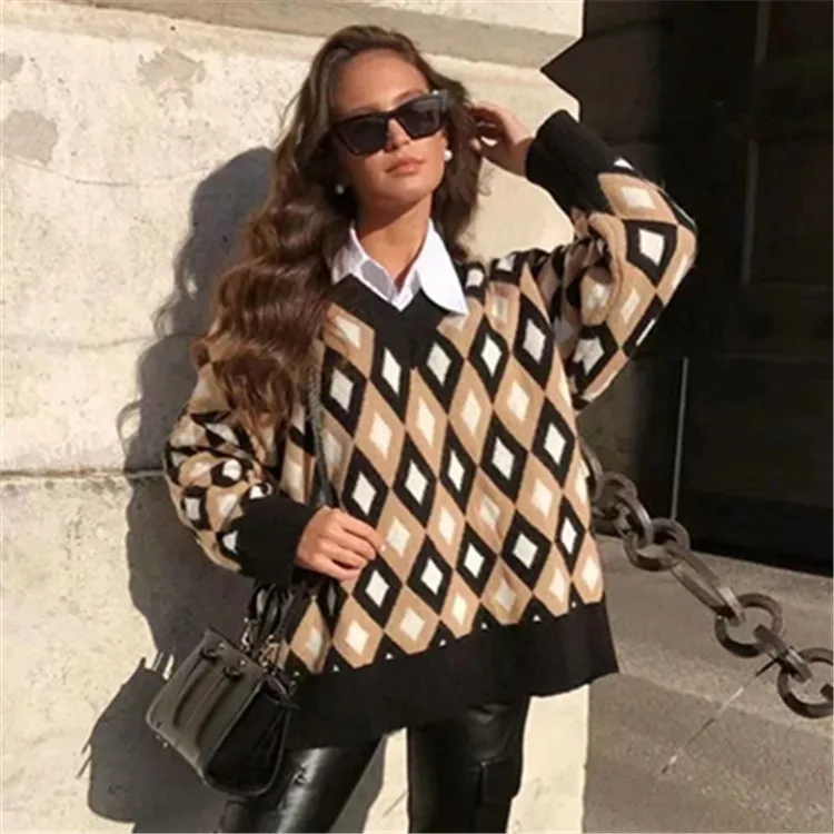 autumn winter fashion sweater pullover v neck women plaid oversize v-neck loose long sleeve school style ladies | Женская одежда