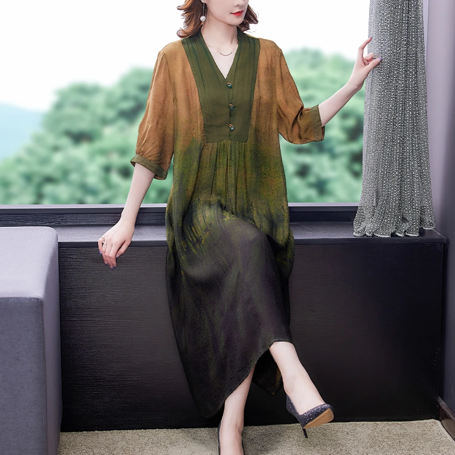 

Women Loose Casual 3XL Plus Size Ramie Dresses 2021 Summer Vintage Half Sleeve Print Midi Dress Elegant Bodycon Party Vestidos