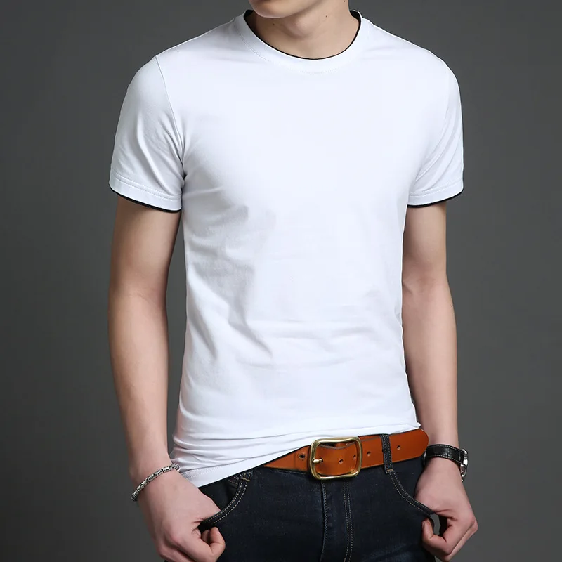

New 2021 Brand Men's T-shirt round collar bottom youth T-shirt for male short sleeve pure color repair Tops T-shirt