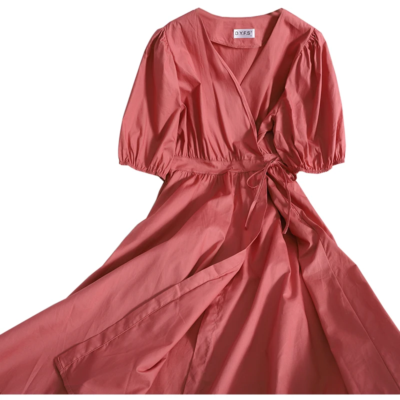 

Fashion spring summer new sweet retro solid color dresses for womens lace up puff sleeve V-neck A-line long dress vestidos