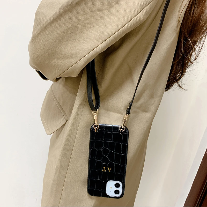 Custom Initial Name Crossbody Strap Cord Luxury Crocodile Leather Phone Case For iphone 14 14ProMax 14Plus 13Promax 13 12 1Cover