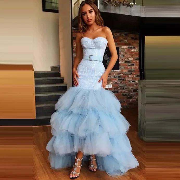Сексуальные выпускные платья светло голубое Многоярусное Тюлевое платье