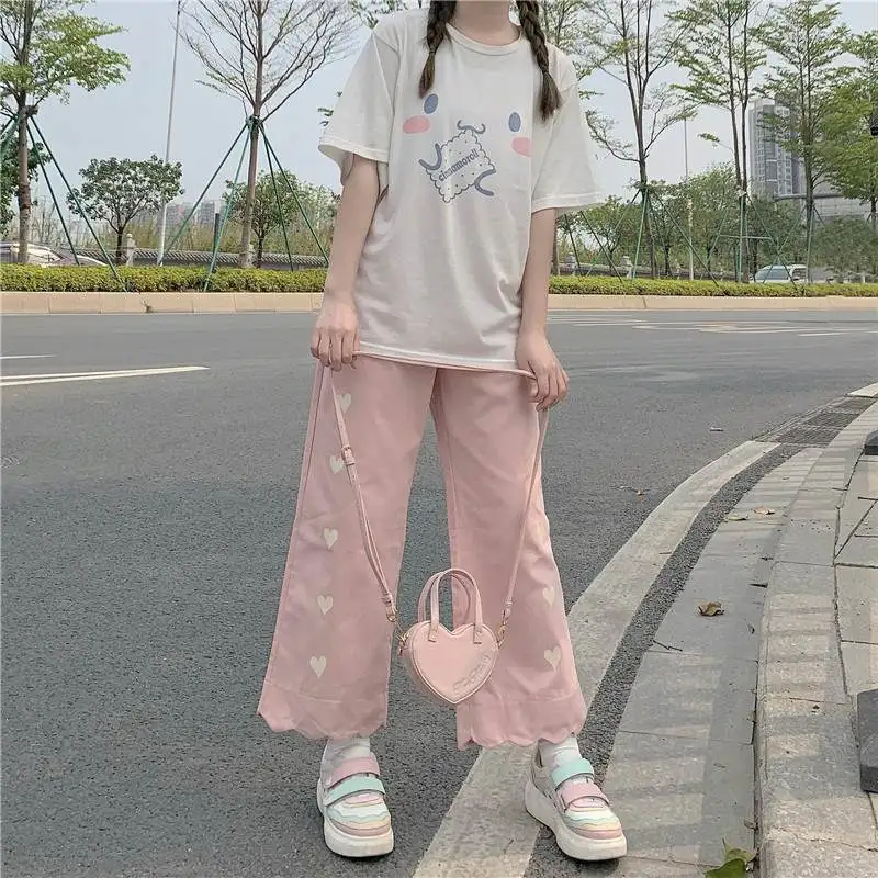 Autumn Loose Casual Cute College All-match High Street Kawaii Fashion Lovely Panta Pink Pants Women Harajuku Heart-print | Женская