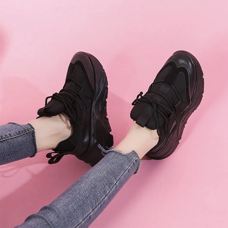 

Spring Chunky Shoes Women 2021 Fashion Black Beige Casual Trainers Dad Shoes Luxury Designer Lace Up Wedges Platform Sneakers