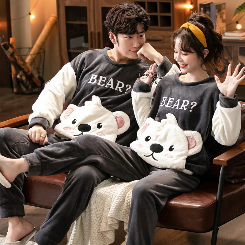 2021 Winter Long Sleeve Couple Thick Warm Flannel Pajama Sets for Men Comic Print Coral Velvet Sleepwear Women Homewear Clothes
