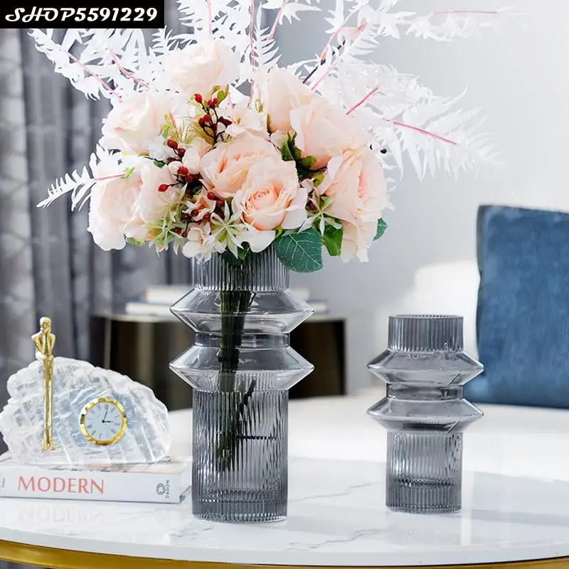 

Simple Transparent Glass Striped Vase Gray Desktop Flower Arrangement Living Room Hydroponic Flower Arrangement Home Decoration