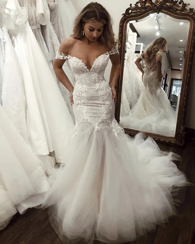 

Lace Mermaid Wedding Dresses for Bride 2021 Off Shoulder Long Tulle Appliques Bridal Gowns vestido de noiva
